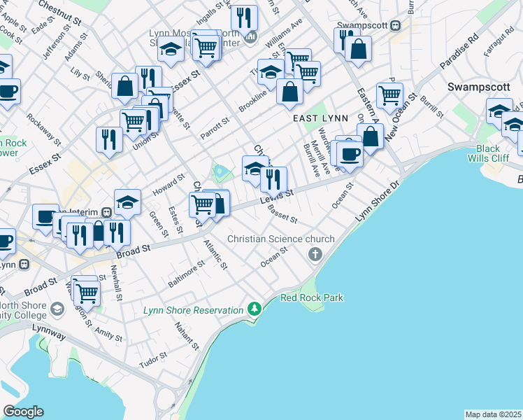 map of restaurants, bars, coffee shops, grocery stores, and more near 7 Garland Street in Lynn