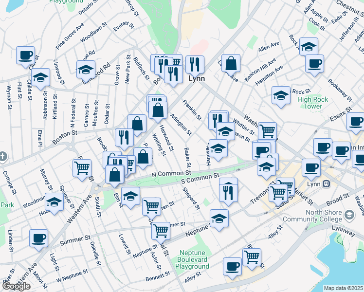 map of restaurants, bars, coffee shops, grocery stores, and more near 31 Baker Street in Lynn