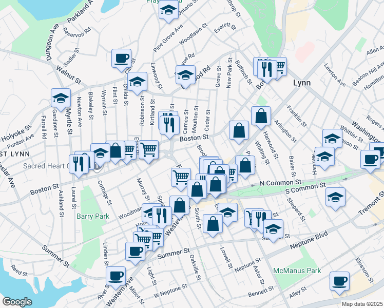 map of restaurants, bars, coffee shops, grocery stores, and more near 86 Centre Street in Lynn