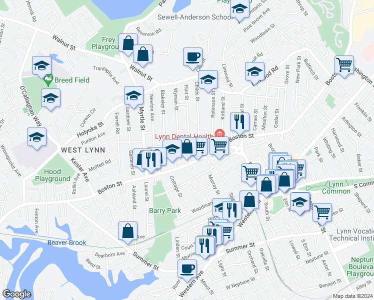 map of restaurants, bars, coffee shops, grocery stores, and more near 12 Flint Street in Lynn