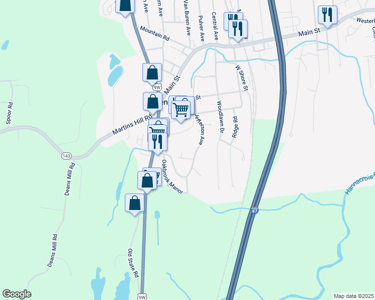 map of restaurants, bars, coffee shops, grocery stores, and more near 7 Jefferson Avenue in Ravena