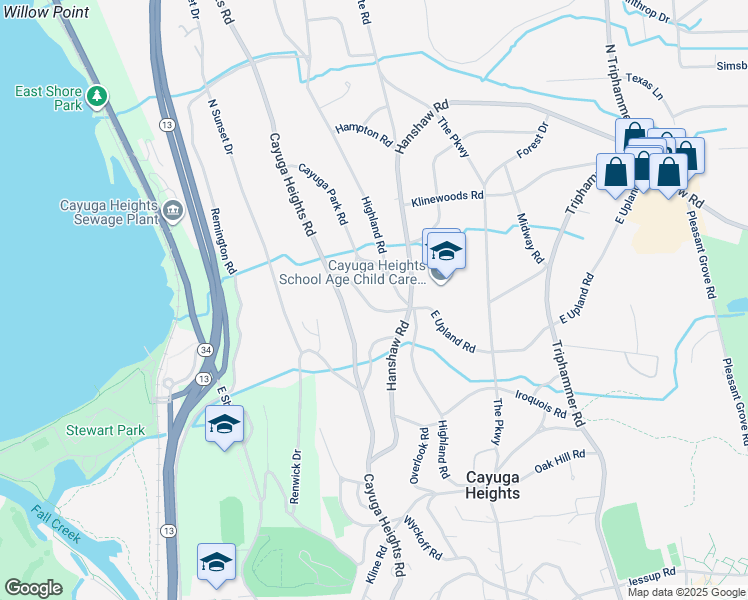 map of restaurants, bars, coffee shops, grocery stores, and more near 132-198 W Upland Rd in Ithaca