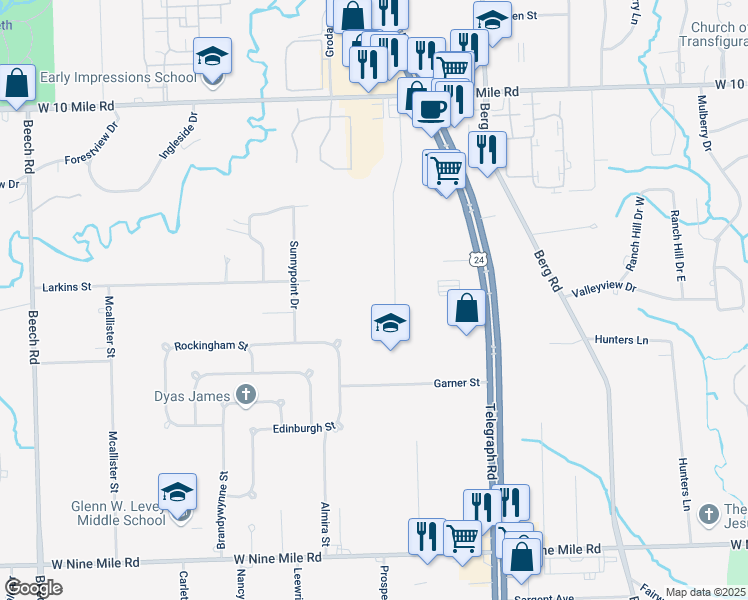 map of restaurants, bars, coffee shops, grocery stores, and more near 24225 Kinsel Street in Southfield