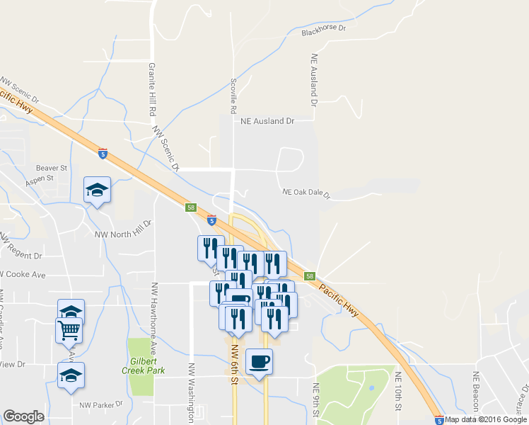 map of restaurants, bars, coffee shops, grocery stores, and more near 200 Northeast Greenfield Drive in Grants Pass