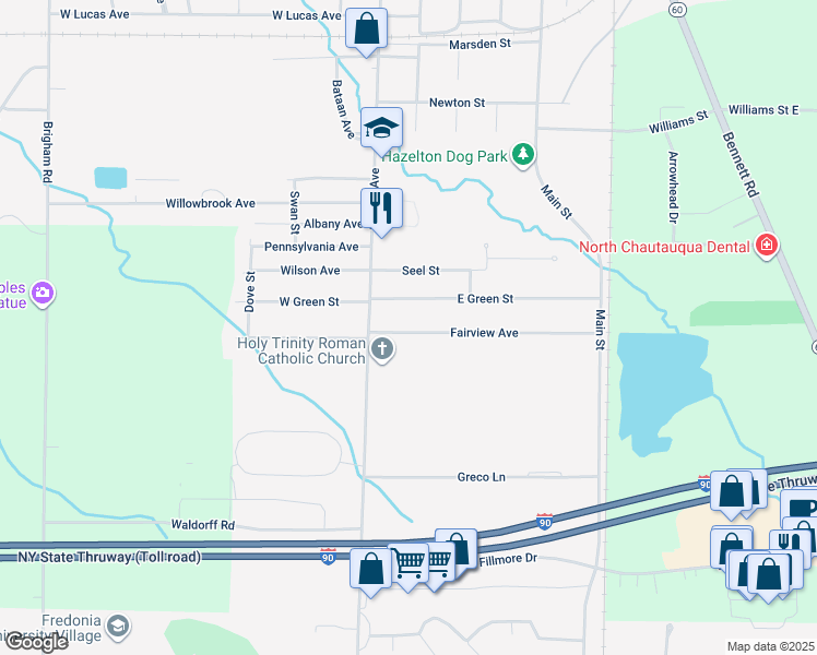 map of restaurants, bars, coffee shops, grocery stores, and more near 11 Fairview Avenue in Dunkirk