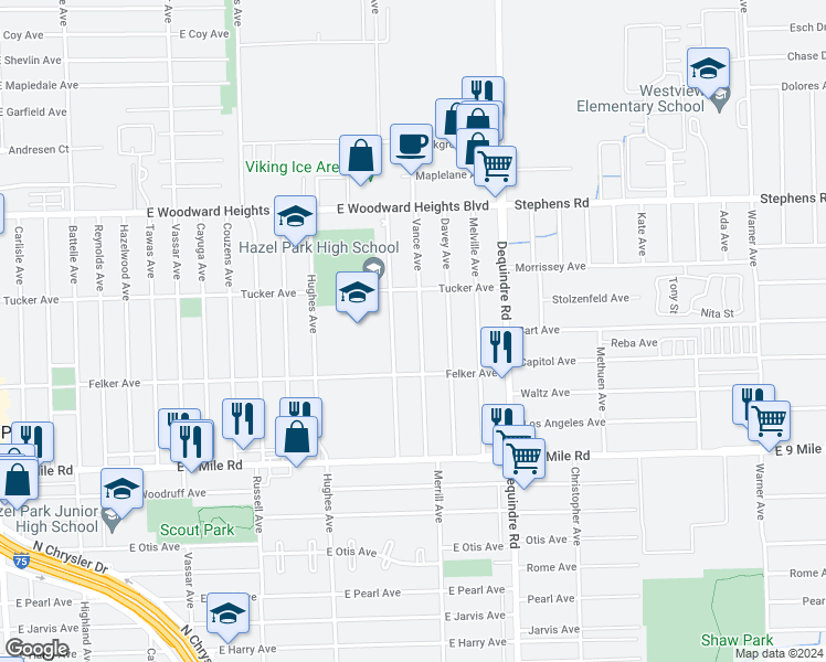 map of restaurants, bars, coffee shops, grocery stores, and more near 23387 Vance Avenue in Hazel Park