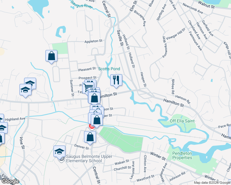 map of restaurants, bars, coffee shops, grocery stores, and more near 24 Hamilton Street in Saugus