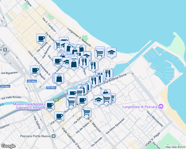 map of restaurants, bars, coffee shops, grocery stores, and more near 35 Via Raffaele Paolucci in Pescara