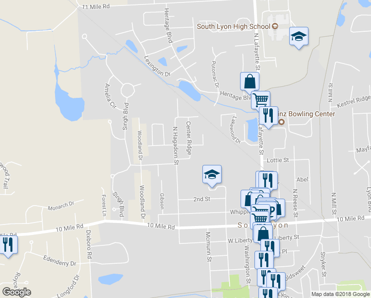 map of restaurants, bars, coffee shops, grocery stores, and more near 443 Orchard Ridge in South Lyon