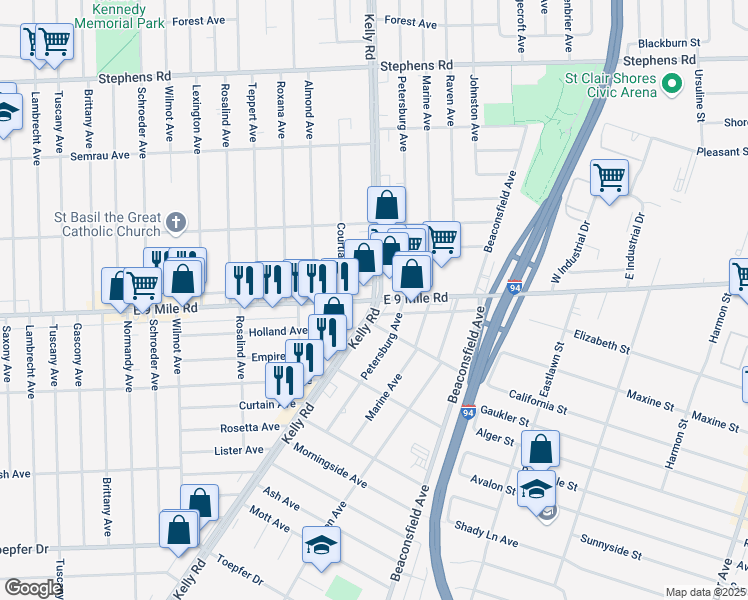 map of restaurants, bars, coffee shops, grocery stores, and more near Kelly Rd & E 9 Mile Rd in Eastpointe