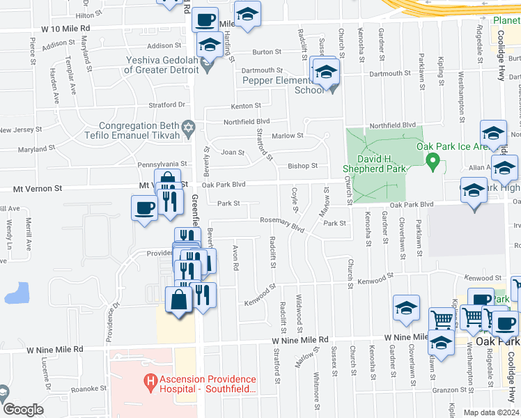 map of restaurants, bars, coffee shops, grocery stores, and more near 15221 Park Street in Oak Park