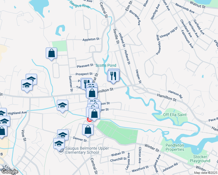 map of restaurants, bars, coffee shops, grocery stores, and more near 27 Hamilton Street in Saugus