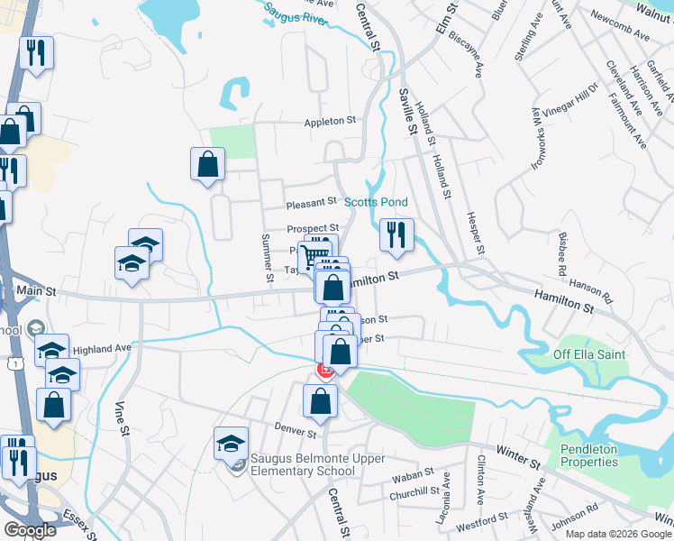 map of restaurants, bars, coffee shops, grocery stores, and more near 1 Main Street in Saugus