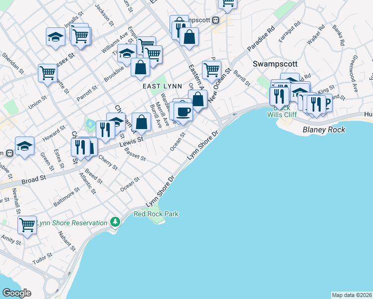 map of restaurants, bars, coffee shops, grocery stores, and more near 41 Lynn Shore Drive in Lynn