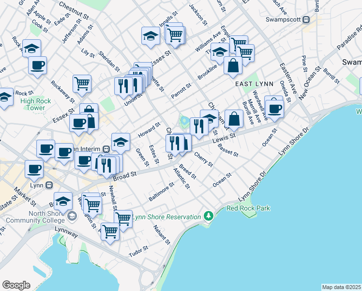 map of restaurants, bars, coffee shops, grocery stores, and more near 200 Massachusetts 129 in Lynn