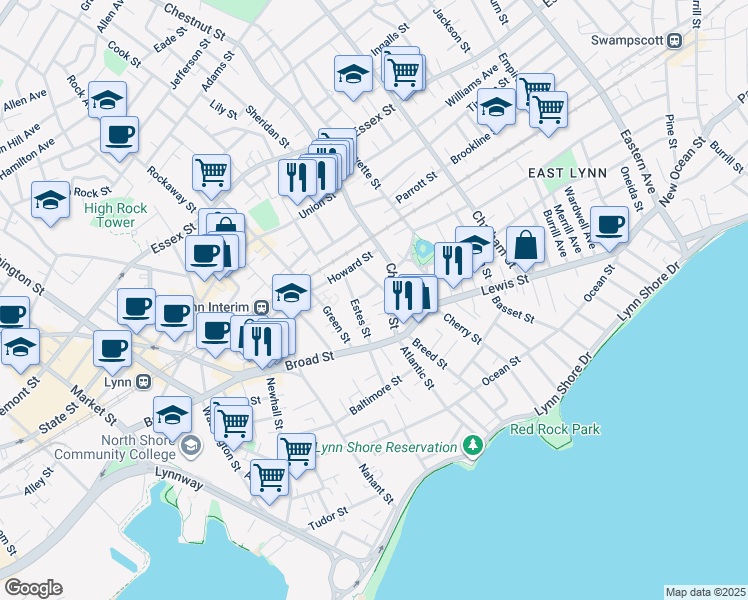 map of restaurants, bars, coffee shops, grocery stores, and more near in Lynn