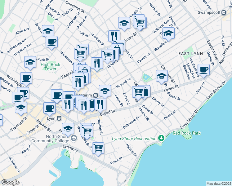 map of restaurants, bars, coffee shops, grocery stores, and more near 91 Green Street in Lynn