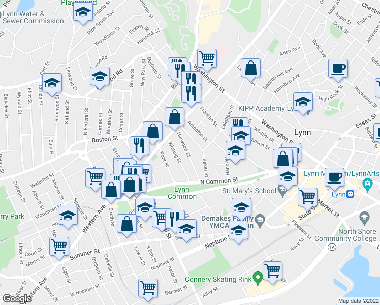 map of restaurants, bars, coffee shops, grocery stores, and more near 34 Harwood Street in Lynn