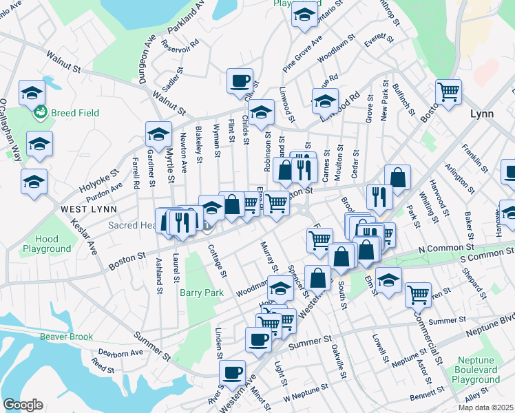 map of restaurants, bars, coffee shops, grocery stores, and more near 515 Boston Street in Lynn