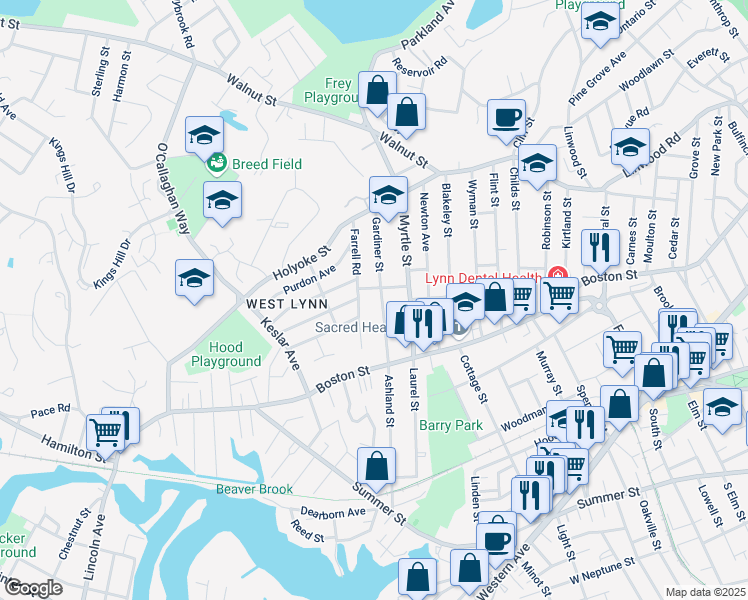 map of restaurants, bars, coffee shops, grocery stores, and more near 41 Gardiner Street in Lynn
