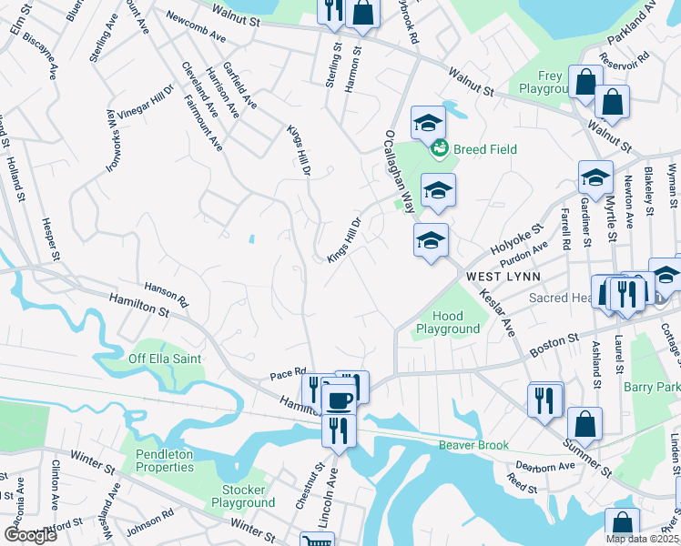 map of restaurants, bars, coffee shops, grocery stores, and more near 176 Webbacowitt Avenue in Lynn