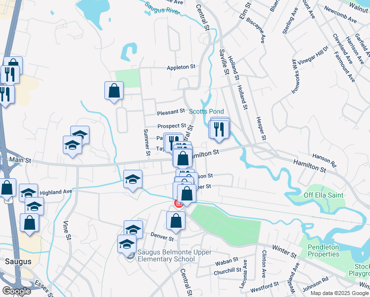 map of restaurants, bars, coffee shops, grocery stores, and more near 1 Main Street in Saugus