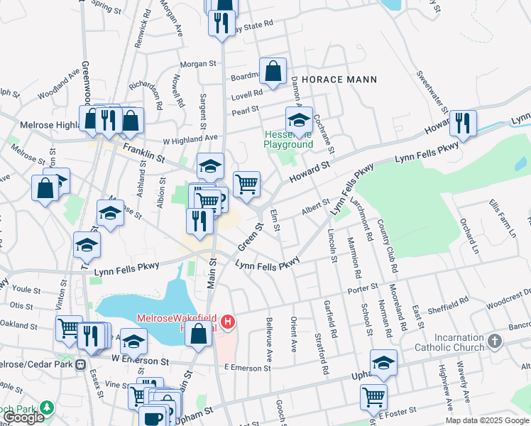 map of restaurants, bars, coffee shops, grocery stores, and more near 55 Elm Street in Melrose