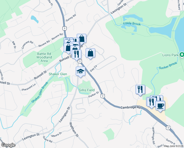 map of restaurants, bars, coffee shops, grocery stores, and more near 216 U.S. 3 in Woburn