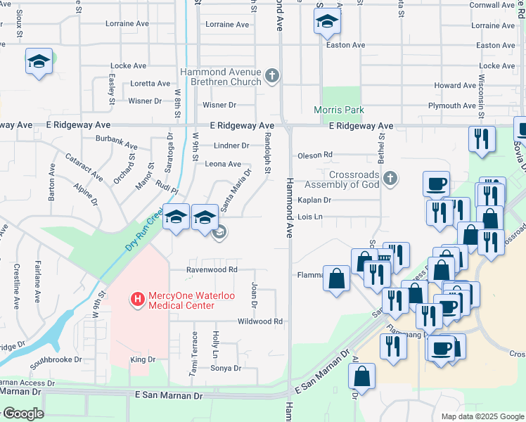 map of restaurants, bars, coffee shops, grocery stores, and more near 1442 Columbus Dr in Waterloo