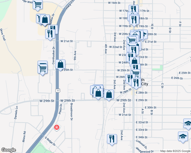 map of restaurants, bars, coffee shops, grocery stores, and more near 614 West 26th Street in South Sioux City