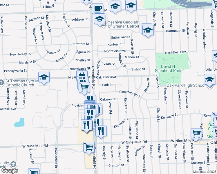 map of restaurants, bars, coffee shops, grocery stores, and more near 15330 Rosemary Boulevard in Oak Park