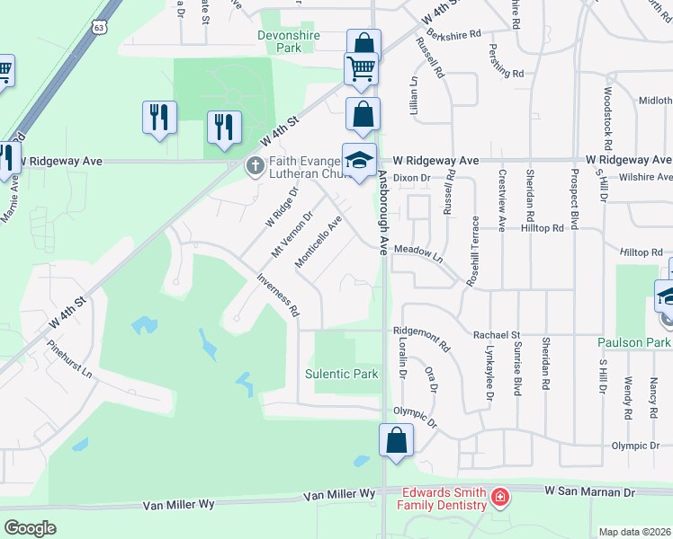 map of restaurants, bars, coffee shops, grocery stores, and more near 3505 Monticello Ave in Waterloo