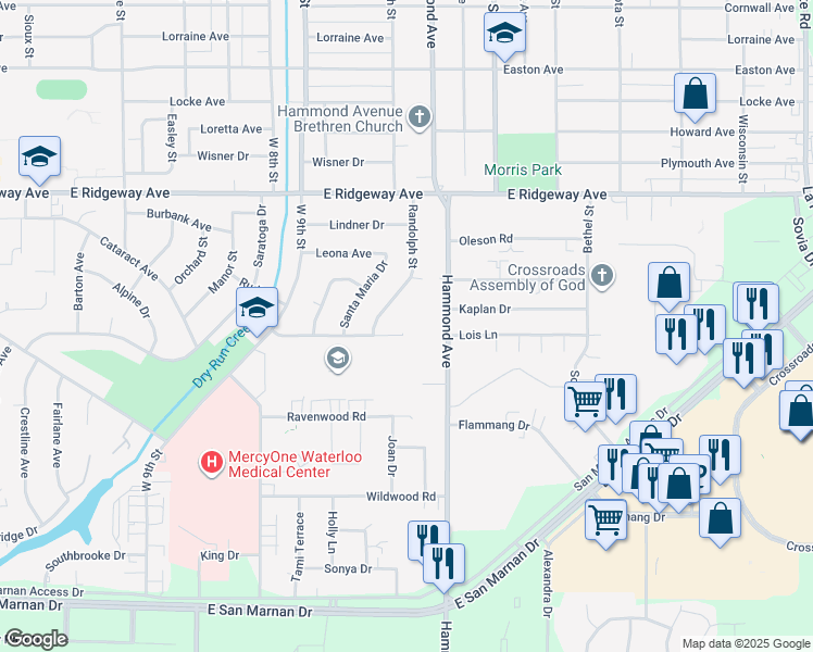 map of restaurants, bars, coffee shops, grocery stores, and more near 1442 Columbus Dr in Waterloo
