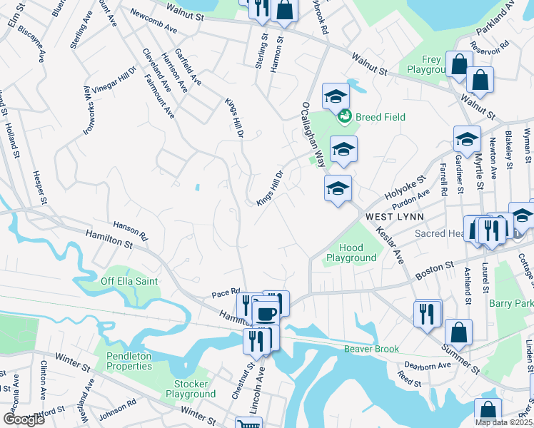 map of restaurants, bars, coffee shops, grocery stores, and more near 176 Webbacowitt Avenue in Lynn
