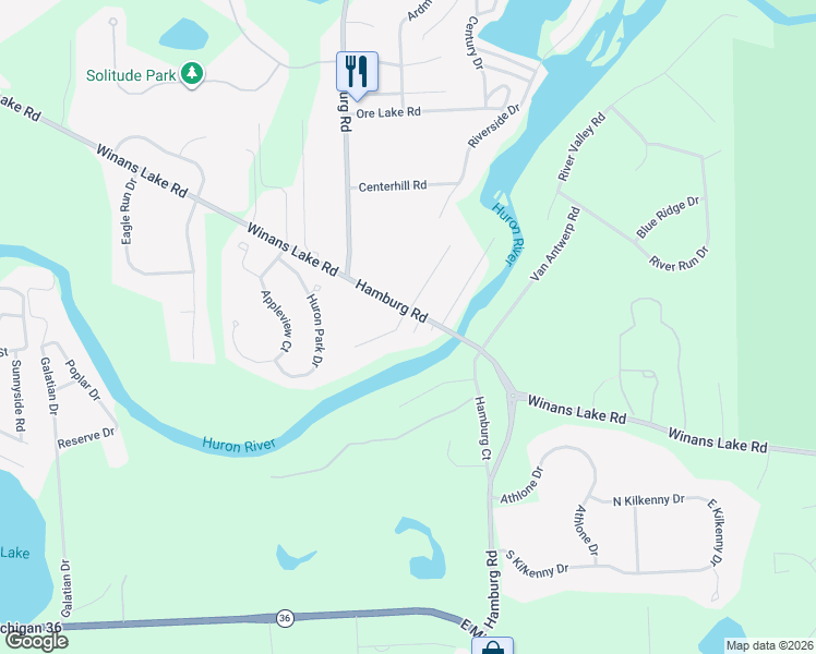 map of restaurants, bars, coffee shops, grocery stores, and more near 7420 River Pines Trail in Brighton