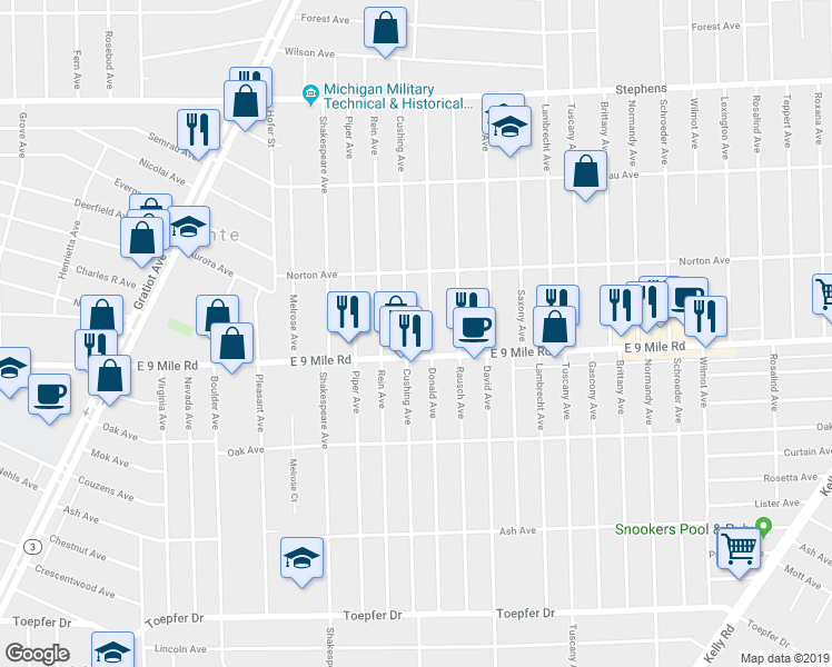 map of restaurants, bars, coffee shops, grocery stores, and more near 22742 Cushing Avenue in Eastpointe