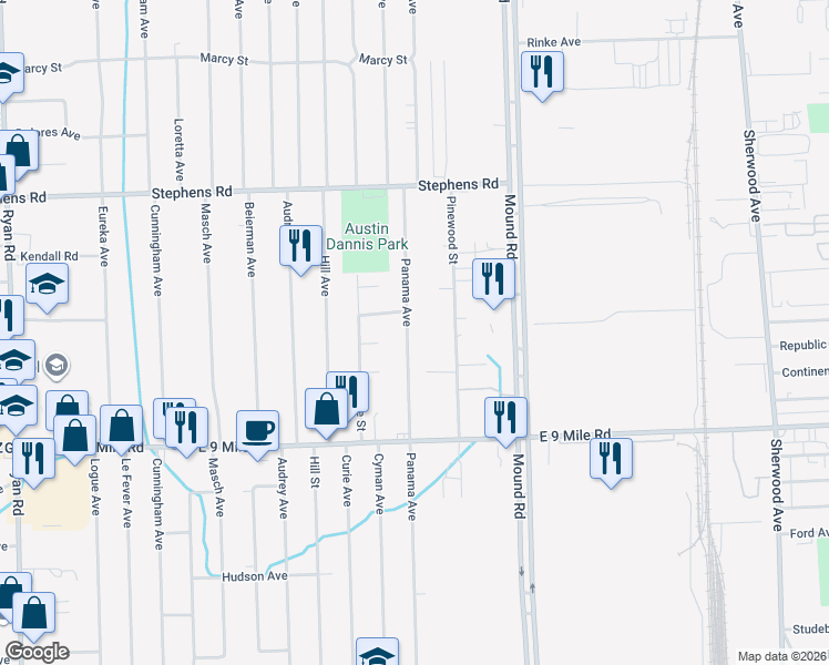 map of restaurants, bars, coffee shops, grocery stores, and more near 23300 Panama Avenue in Warren
