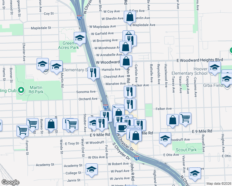 map of restaurants, bars, coffee shops, grocery stores, and more near 88 Orchard Avenue in Hazel Park