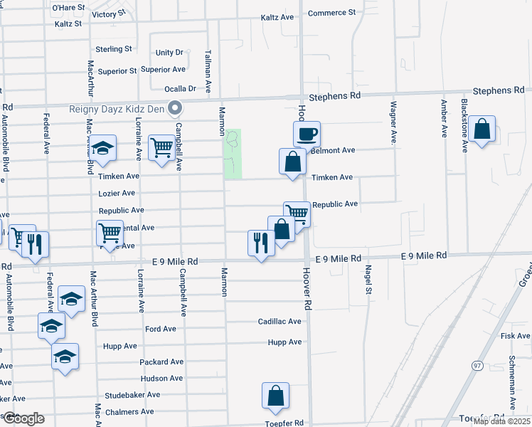 map of restaurants, bars, coffee shops, grocery stores, and more near 11449 Continental Avenue in Warren