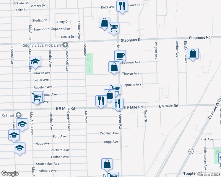 map of restaurants, bars, coffee shops, grocery stores, and more near 11519 Continental Avenue in Warren
