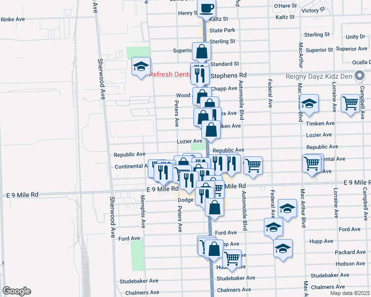 map of restaurants, bars, coffee shops, grocery stores, and more near 7567 Continental Avenue in Warren