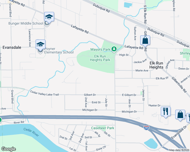 map of restaurants, bars, coffee shops, grocery stores, and more near 1757 Gilbert Dr in Evansdale
