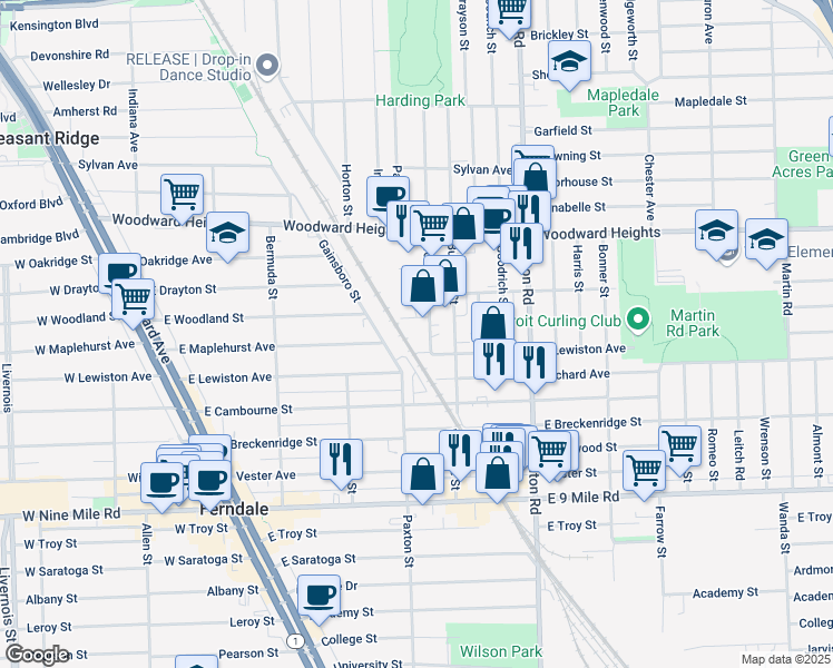 map of restaurants, bars, coffee shops, grocery stores, and more near 2301 Wolcott Street in Ferndale