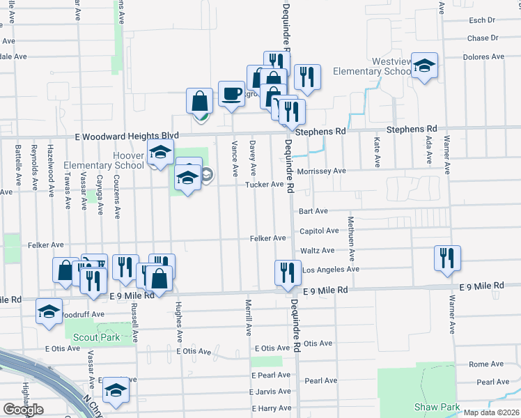 map of restaurants, bars, coffee shops, grocery stores, and more near 23353 Davey Avenue in Hazel Park