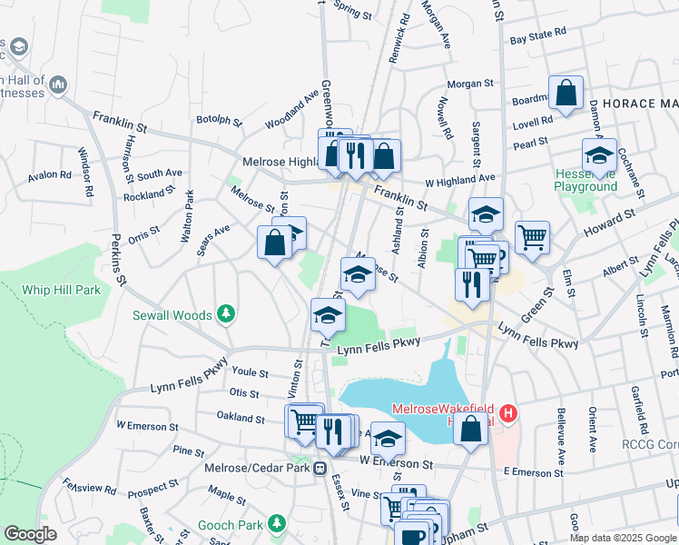 map of restaurants, bars, coffee shops, grocery stores, and more near 130 Tremont Street in Melrose