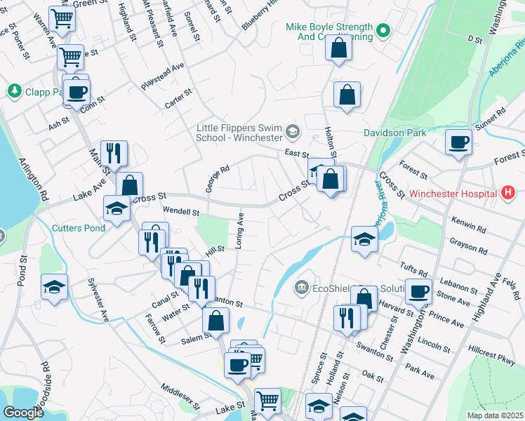 map of restaurants, bars, coffee shops, grocery stores, and more near 6 Wendell Street in Winchester