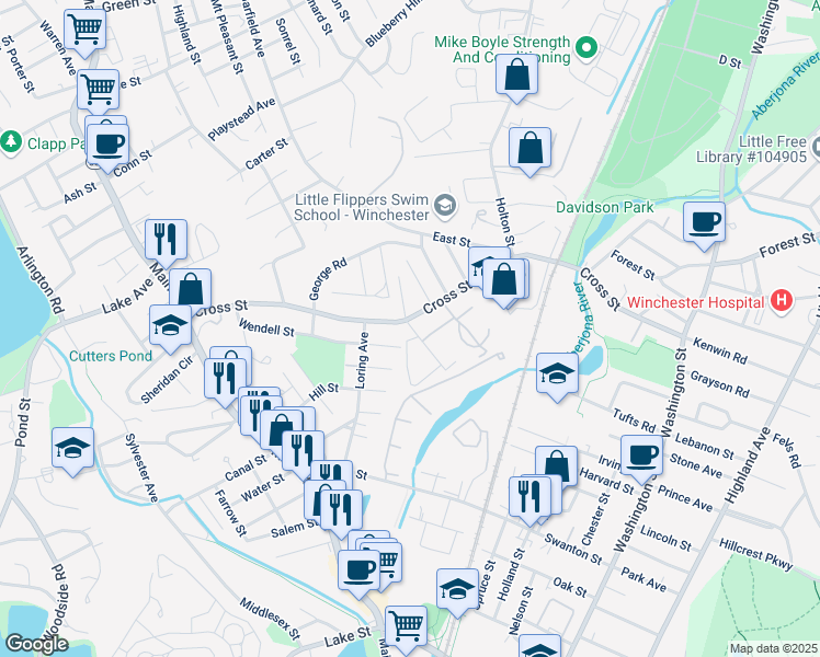 map of restaurants, bars, coffee shops, grocery stores, and more near 3 River Street in Winchester