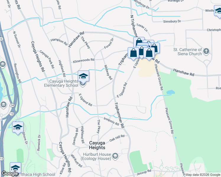 map of restaurants, bars, coffee shops, grocery stores, and more near 902 Triphammer Road in Ithaca