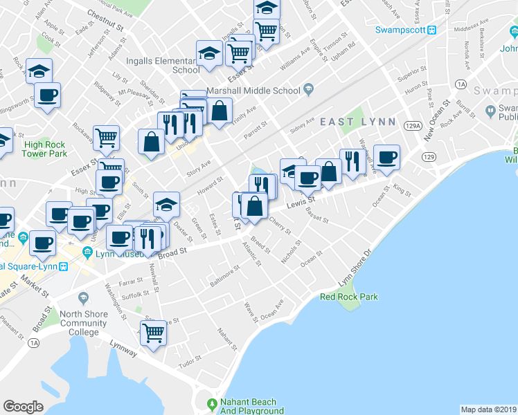 map of restaurants, bars, coffee shops, grocery stores, and more near 200 Massachusetts 129 in Lynn