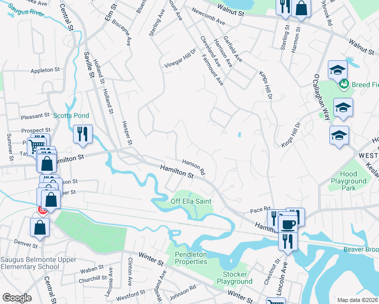 map of restaurants, bars, coffee shops, grocery stores, and more near 27 Hanson Road in Saugus